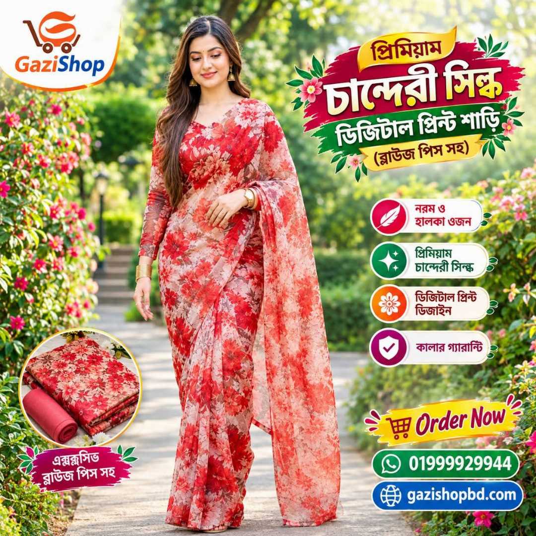 প্রিমিয়াম চান্দেরী সিল্ক ডিজিটাল প্রিন্ট শাড়ি + ব্লাউজ পিস