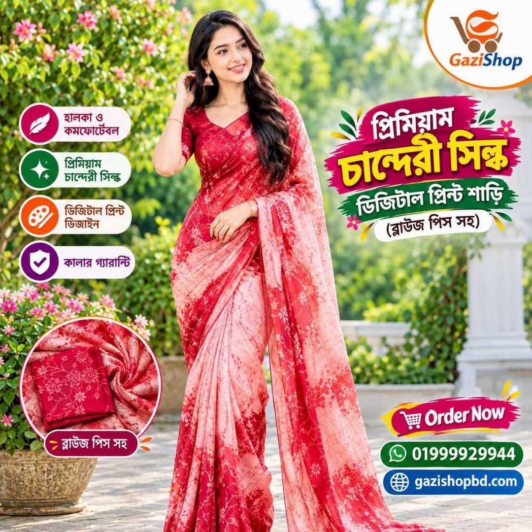 প্রিমিয়াম চান্দেরী সিল্ক ডিজিটাল প্রিন্ট শাড়ি + ব্লাউজ পিস