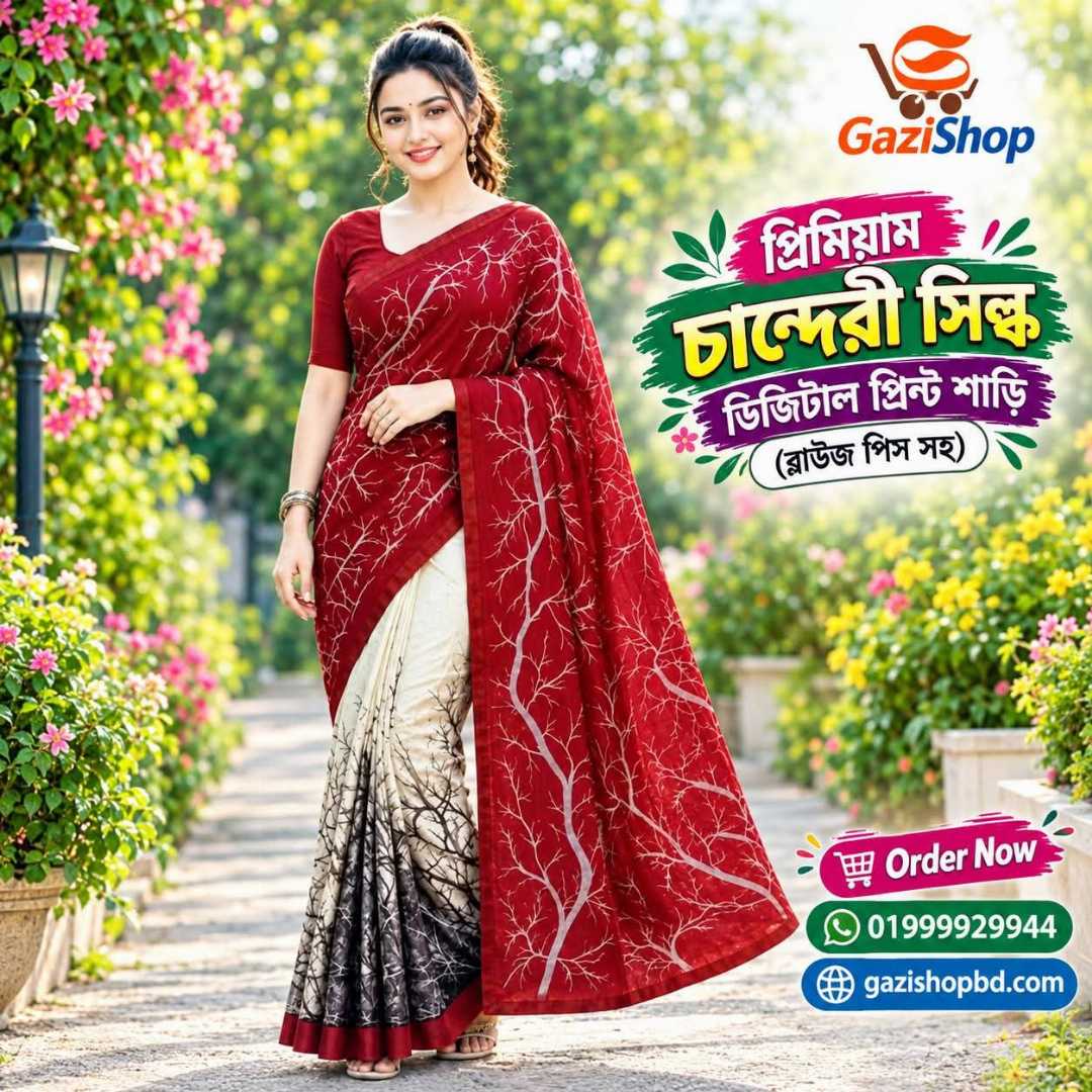 প্রিমিয়াম চান্দেরী সিল্ক ডিজিটাল প্রিন্ট শাড়ি + ব্লাউজ পিস